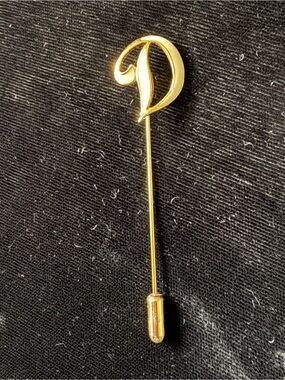 Vintage Thailand Initial D Stick Pin - Gold Tone Script Letter with Ivory Enamel